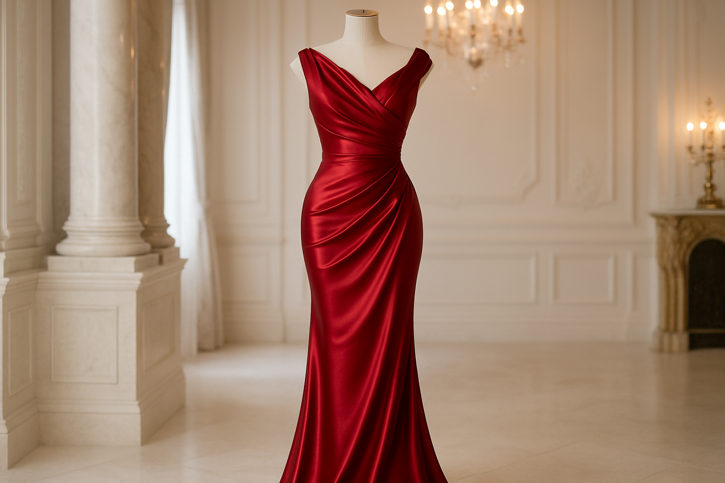 a fancy dress in fancy area with light background with red stretch satin