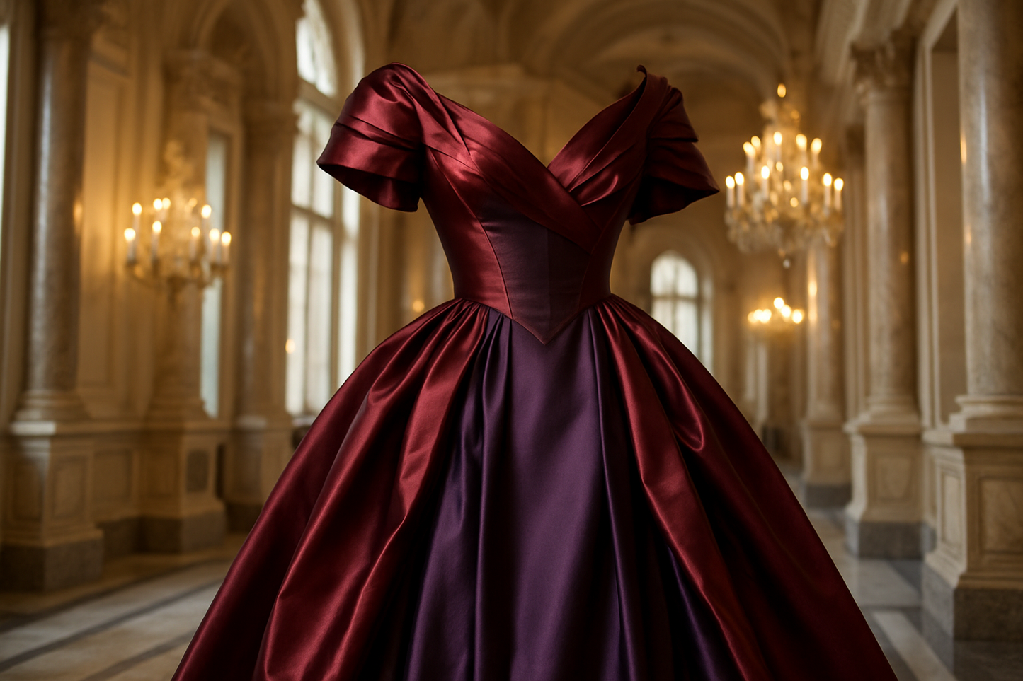 a fancy dress with details for silk satin face in fancy light building background in color burgundy/purple