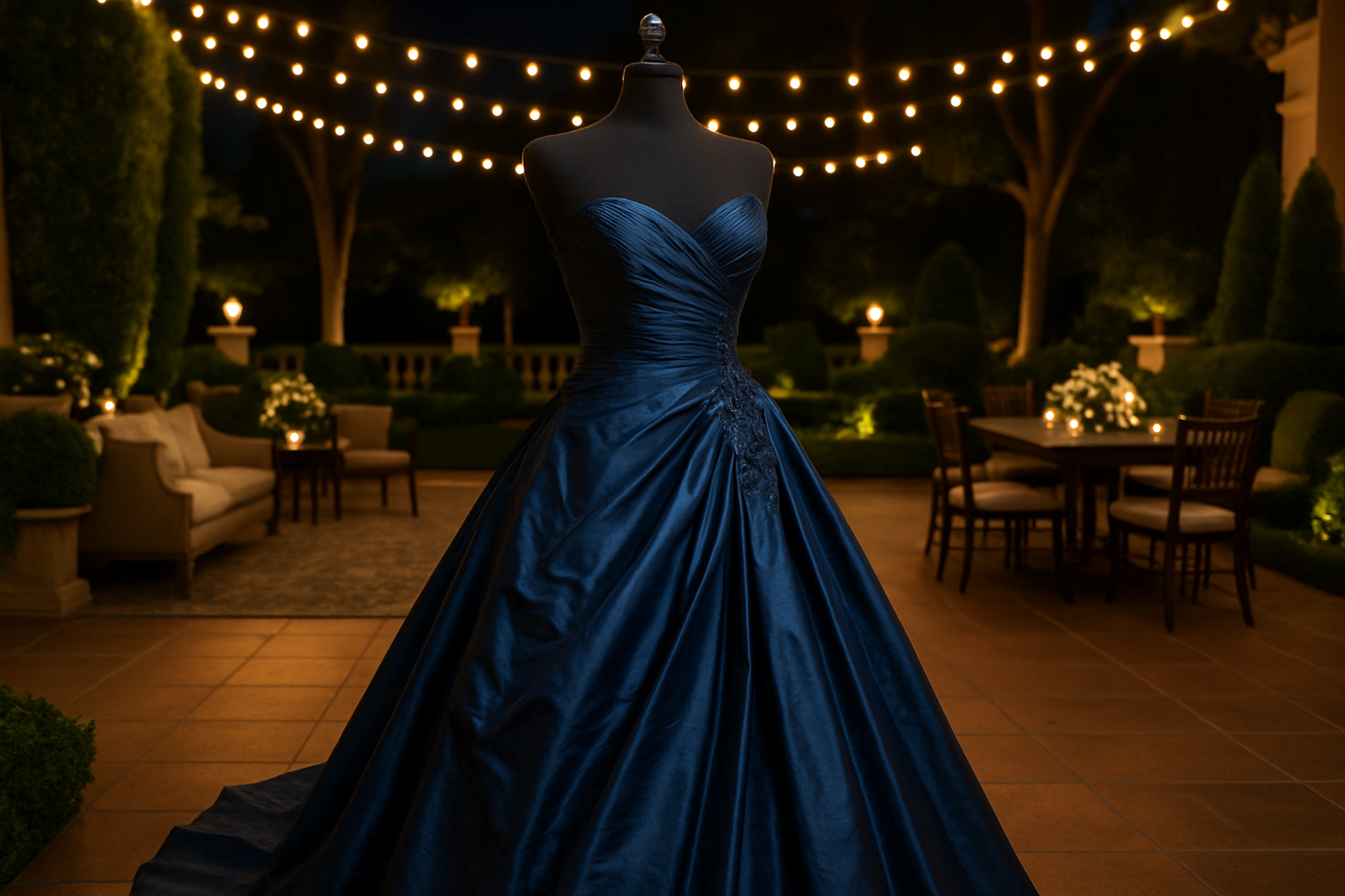 a fancy evening wear  with detail outdoor party room for taffeta color dark blue