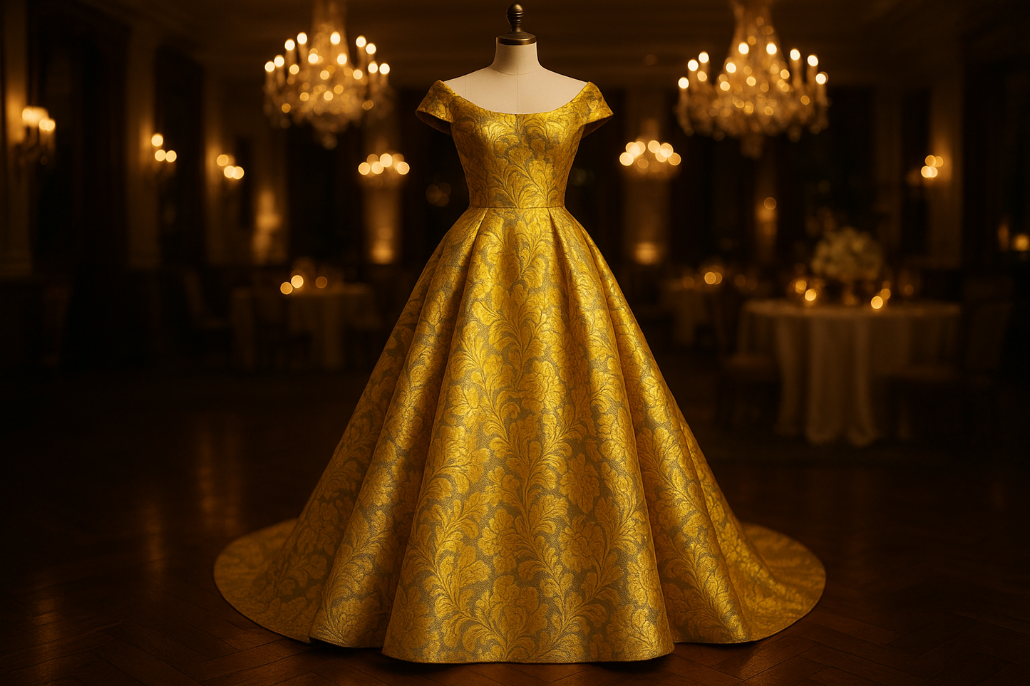 a fancy evenning dress in party room background with Designer Gold & Yellow Floral Brocade
