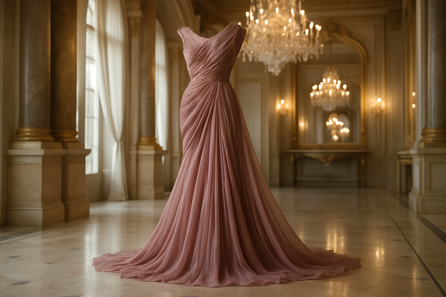 a fancy long dress in fancy light background location with a lot of detail with silk chiffon in mauve color