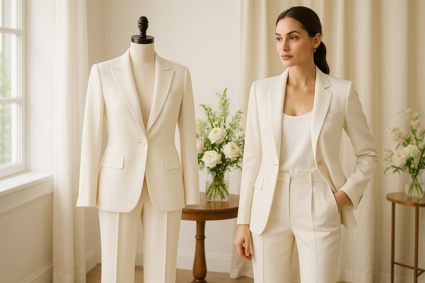 a fantastic sutting for ladies with This tropical wool suiting is a perfect classic wool that is great for all seasons! This fabric comes is a designer ivory white that is great for the spring and summer! &nbsp;Make a lightweight suit jacket or pants with this fabric.

This fabric would be great as the Diana Dress from Vikisews Patterns