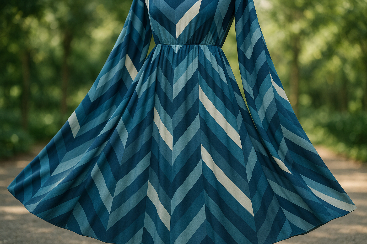 a flowy dress in out door for A modern and chic digital print on a flowy and drapey rayon! This geometric print resembles an abstract chevron pattern, featuring layer blues, greys and white! Perfect fabric for a dress, skirt, pants, tops and more.in Blue ,Gray and white