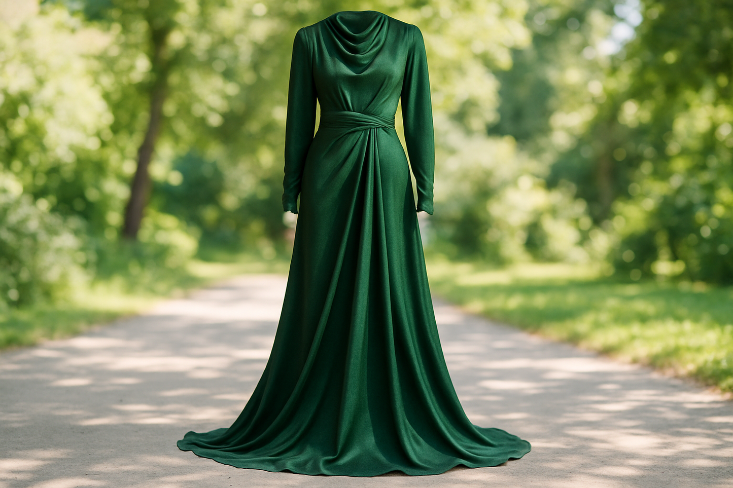a long detailed dress on light outdoor with Silk Crepe de Chine - Forest Green