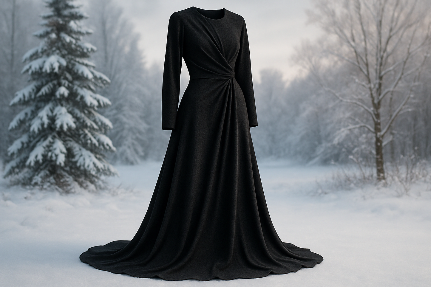 a long dress in black wool jersey in winter background for This fabric is a customer favorite! Versatile and luxurious Wool Jersey has a fantastic drape and very soft hand. This is a perfect fabric for making dresses, skirts &amp; tops.