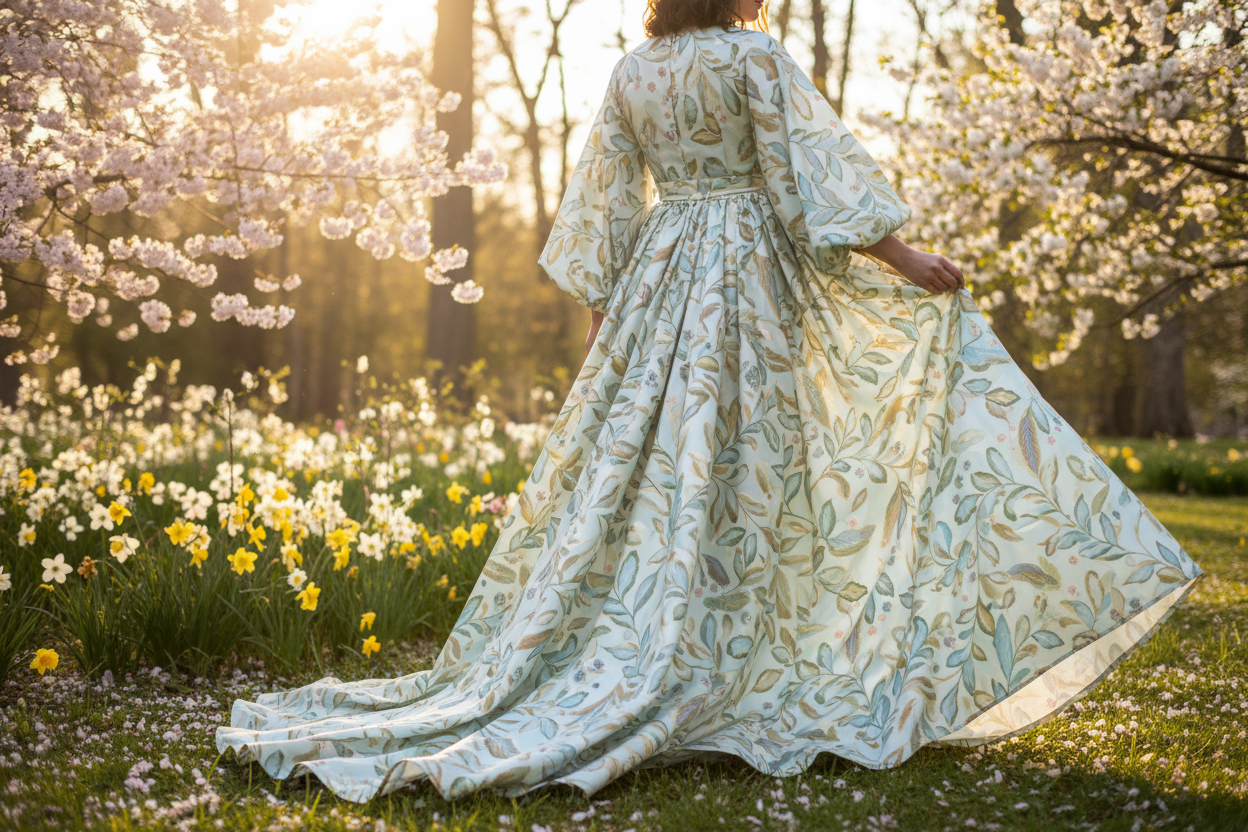 a long dress with Leaf & Feather Print Cotton Sateen in spring look background