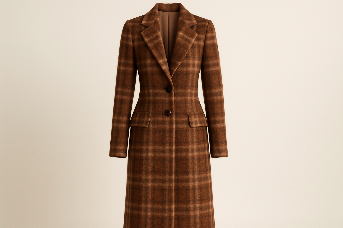 a long jacket detailed with Italian Wool Angora- Plaid / Brown / Biege