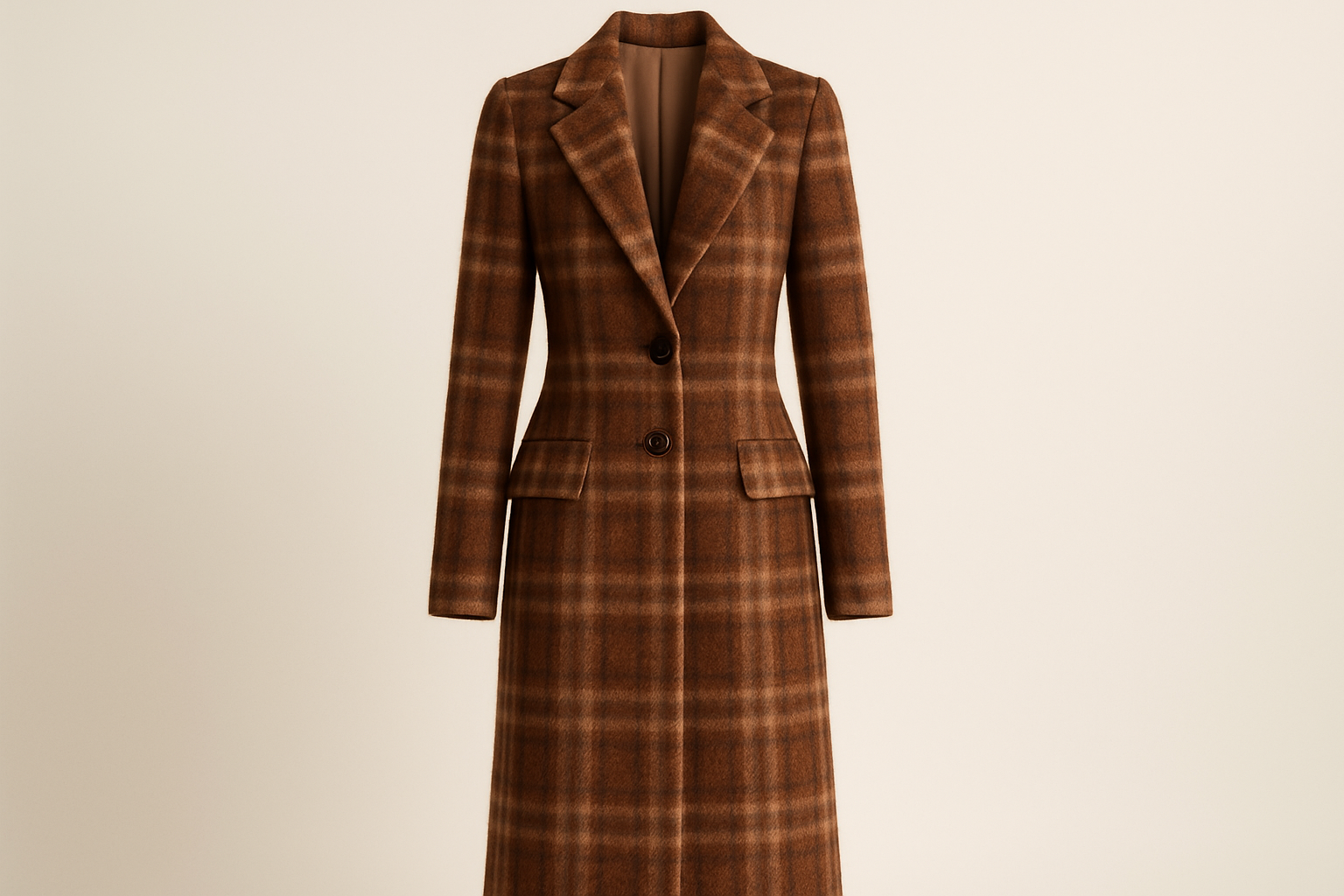 a long jacket detailed with Italian Wool Angora- Plaid / Brown / Biege