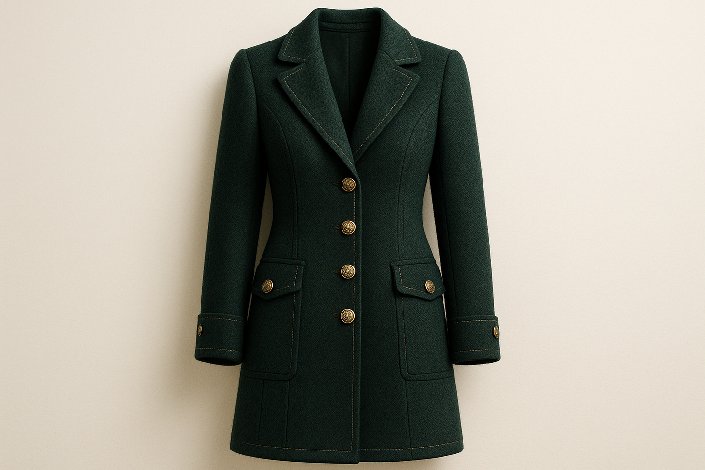 a long jacket for ladies with detail for This Designer Cashmere Wool is the ultimate luxury winter fabric. Soft, luxurious, and sure to keep you warm and in style. Treat yourself to skirts, dresses, coats, and jackets made from this beautiful cashmere wool! color  dark green
