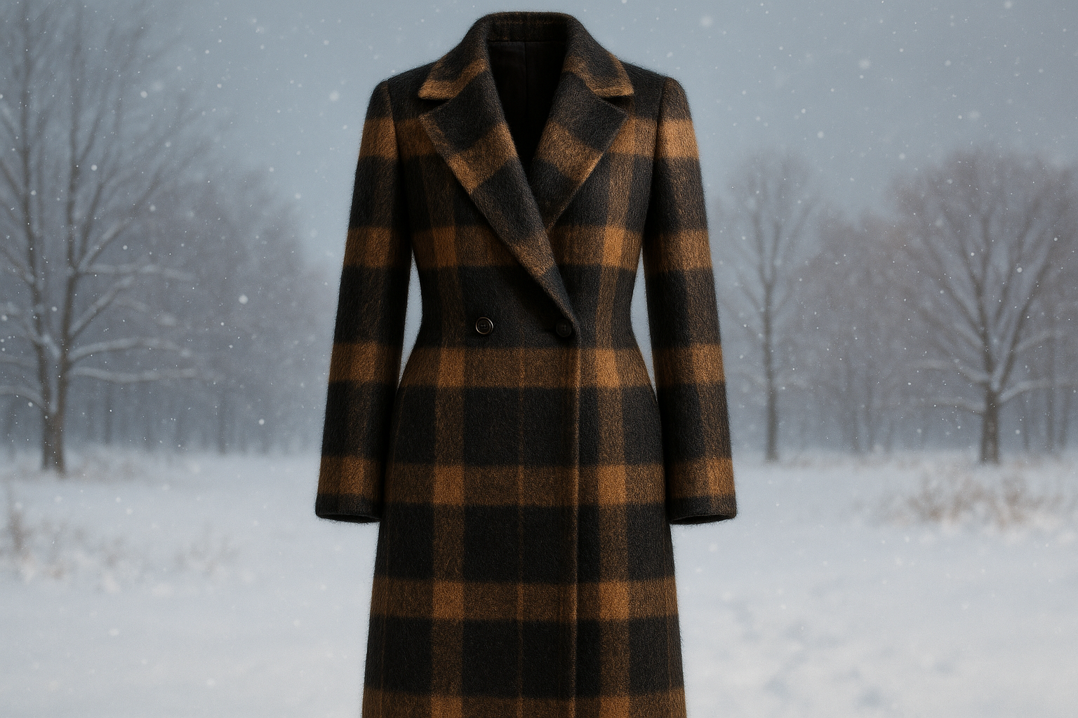 a long jacket with winter look in background for super moher wool This is an extremely luxurious and beautiful fabric from Italy! Featuring a chic oversized plaid pattern. This fabric is perfect for a designer level long coat or get creative with a skirt or dress. Plaid pattern, size of each square is 3.5" by 4". Rich Italian Wool Super mohair texture