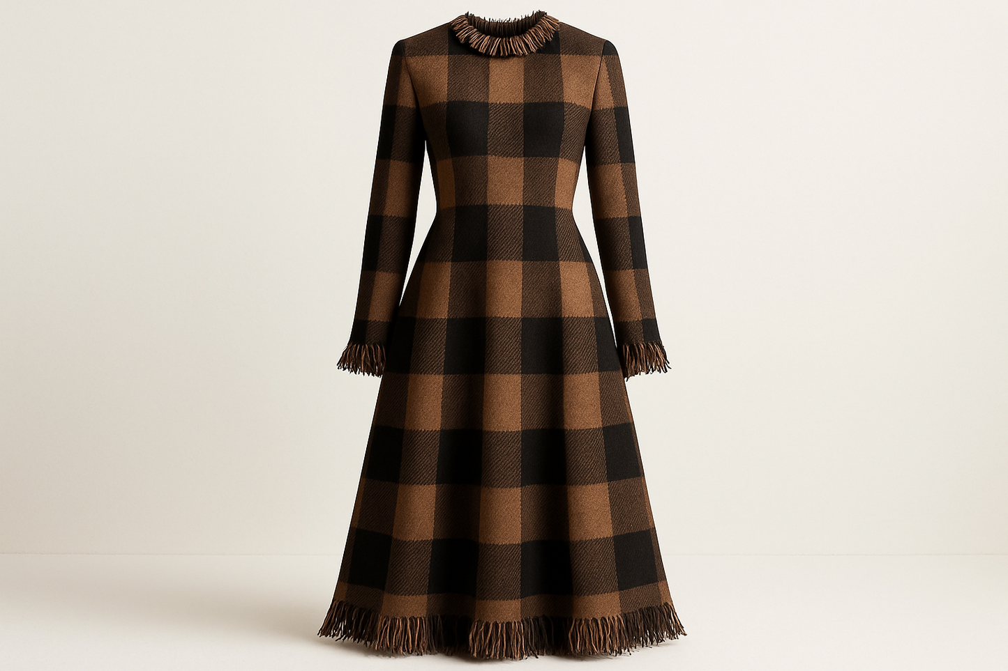 a long wool dress in light background  for his is a chic and on trend wool fabric! This wool is sold by the panel and features a built-in matching fringe, giving it a lux custom look! Brown &amp; Black neutral's make up the modern jumbo plaid pattern. This fabric is perfect for a designer level winter coat or get creative with a skirt or poncho.