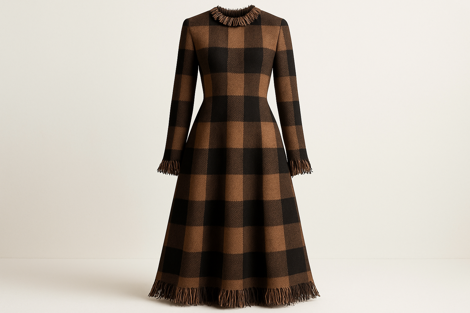 a long wool dress in light background  for his is a chic and on trend wool fabric! This wool is sold by the panel and features a built-in matching fringe, giving it a lux custom look! Brown &amp; Black neutral's make up the modern jumbo plaid pattern. This fabric is perfect for a designer level winter coat or get creative with a skirt or poncho.