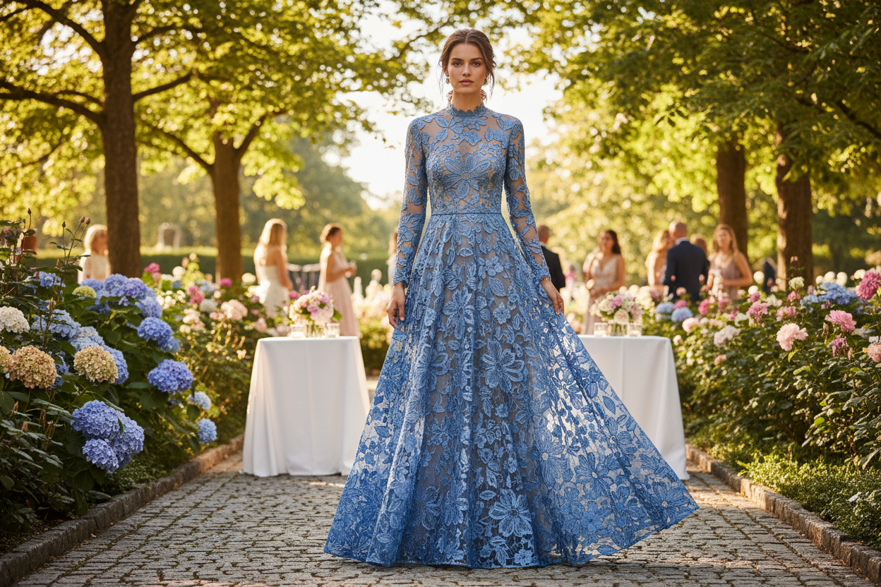 a lovely detail  lace dress with Floral Corded Lace - Swedish Blue in day time party oudoor