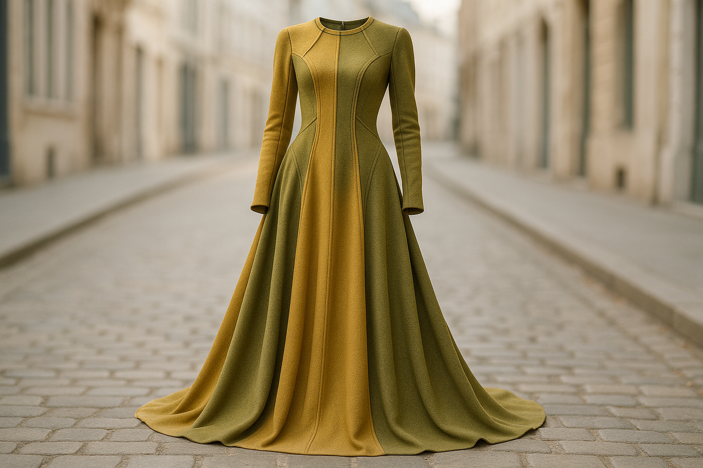 a lovely detail long dress in light street background  Danish Double-Sided Wool & Cotton Jersey - Gold & Olive Green