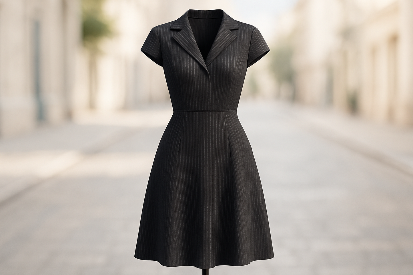 a lovely detailed dress in light street background for Pinstripe Textured Poly rayon- Charcoal/Black