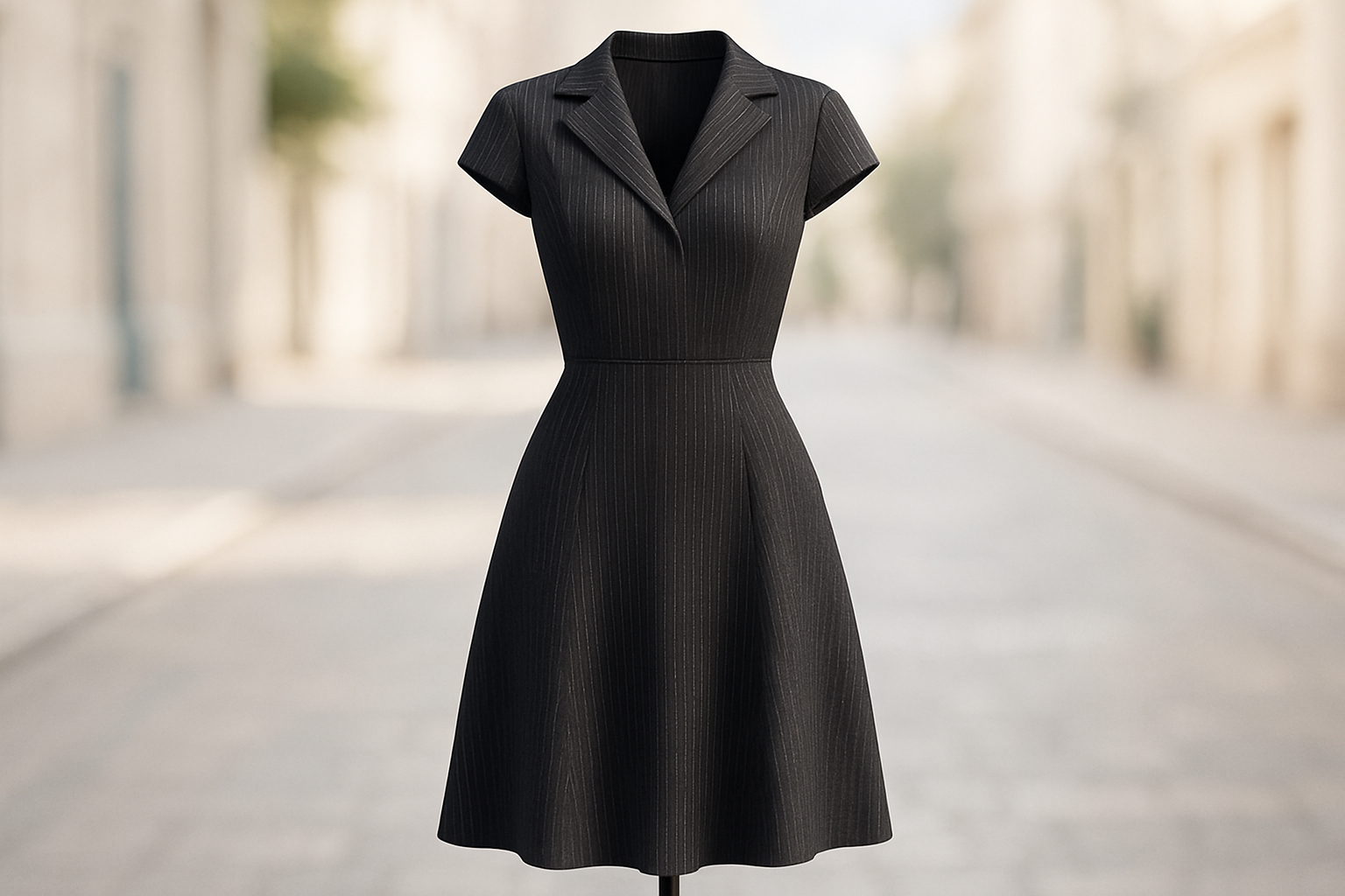 a lovely detailed dress in light street background for Pinstripe Textured Poly rayon- Charcoal/Black