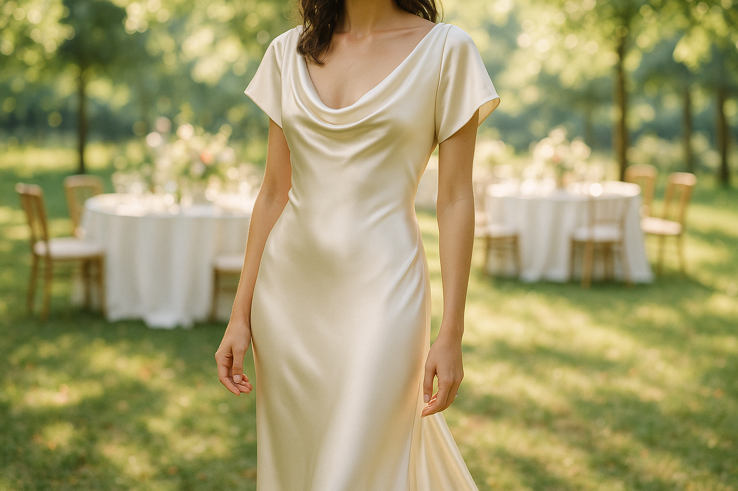 a lovely detailed dress in outdoor day light party for This is a gorgeous and elegant Silk&nbsp;Charmeuse in a classic bridal Off-White! Charmeuse is a luxury fabric that is great for any special occasion. This color is perfect for a bride! Make a nice top, skirt or&nbsp;bias-cut&nbsp;dress with this fabric!