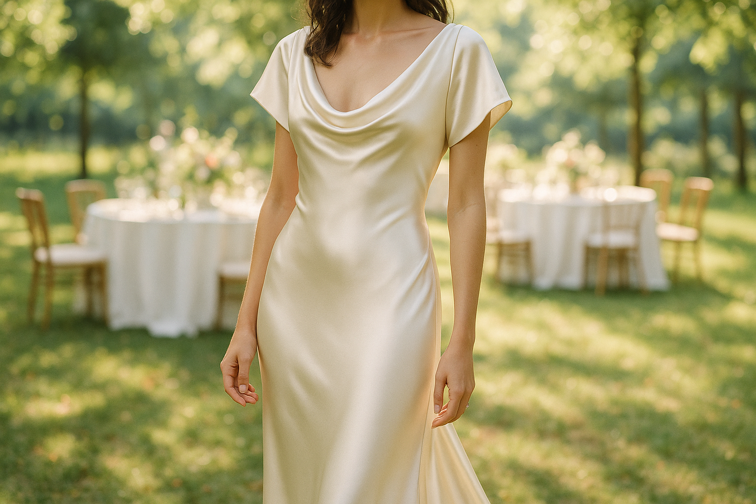 a lovely detailed dress in outdoor day light party for This is a gorgeous and elegant Silk&nbsp;Charmeuse in a classic bridal Off-White! Charmeuse is a luxury fabric that is great for any special occasion. This color is perfect for a bride! Make a nice top, skirt or&nbsp;bias-cut&nbsp;dress with this fabric!
