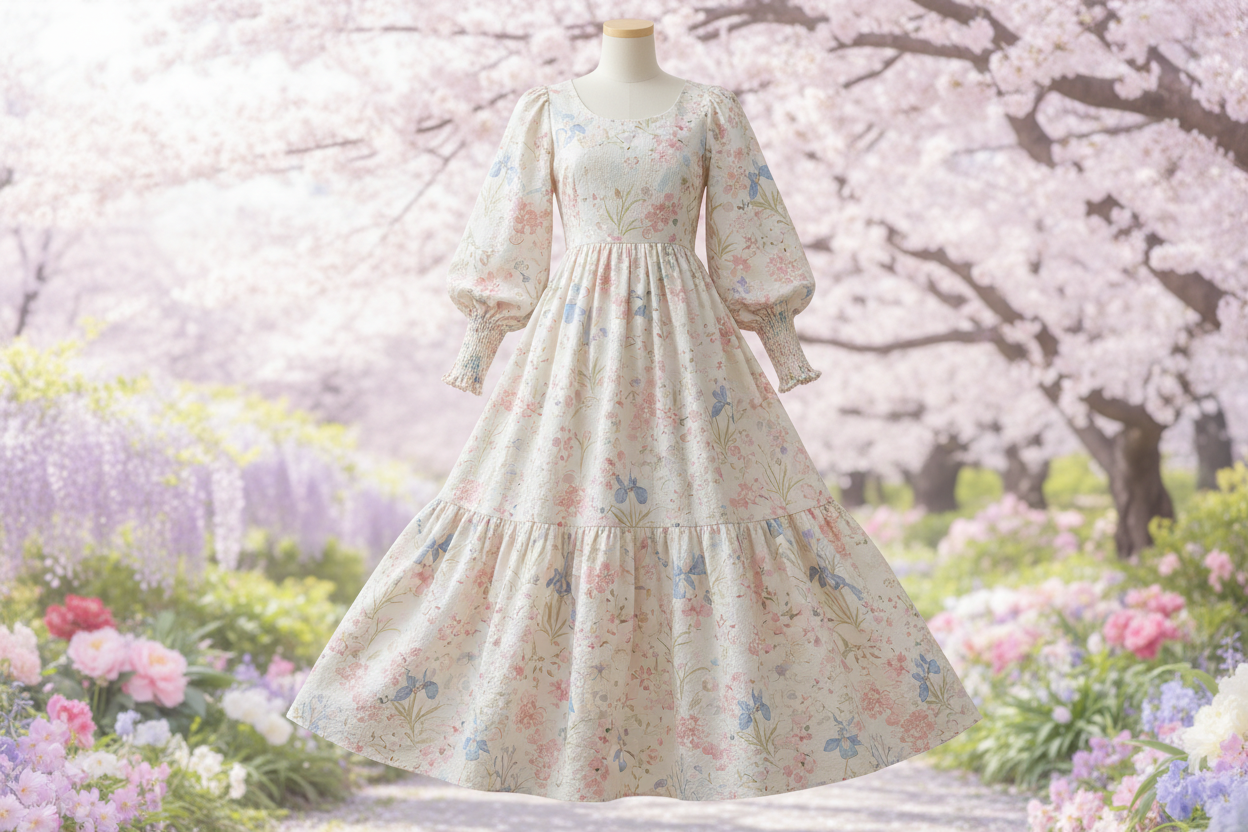 a lovely detailed dress with Japanese Cotton Floral Print - Off-White, Pink & Blue in spring look background