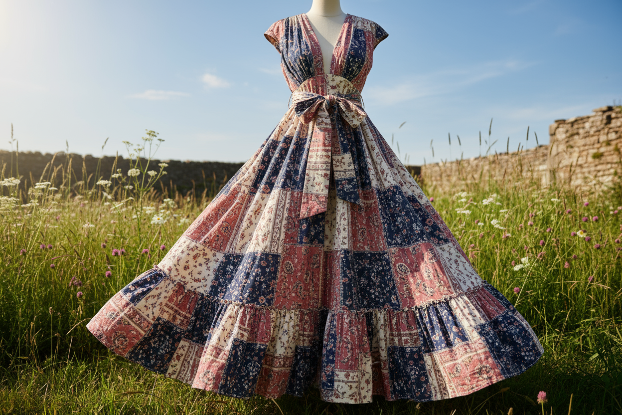 a lovely detailed dress with Lightweight Cotton - Patchwork Print - Pink, White & Navy in light oudoor 