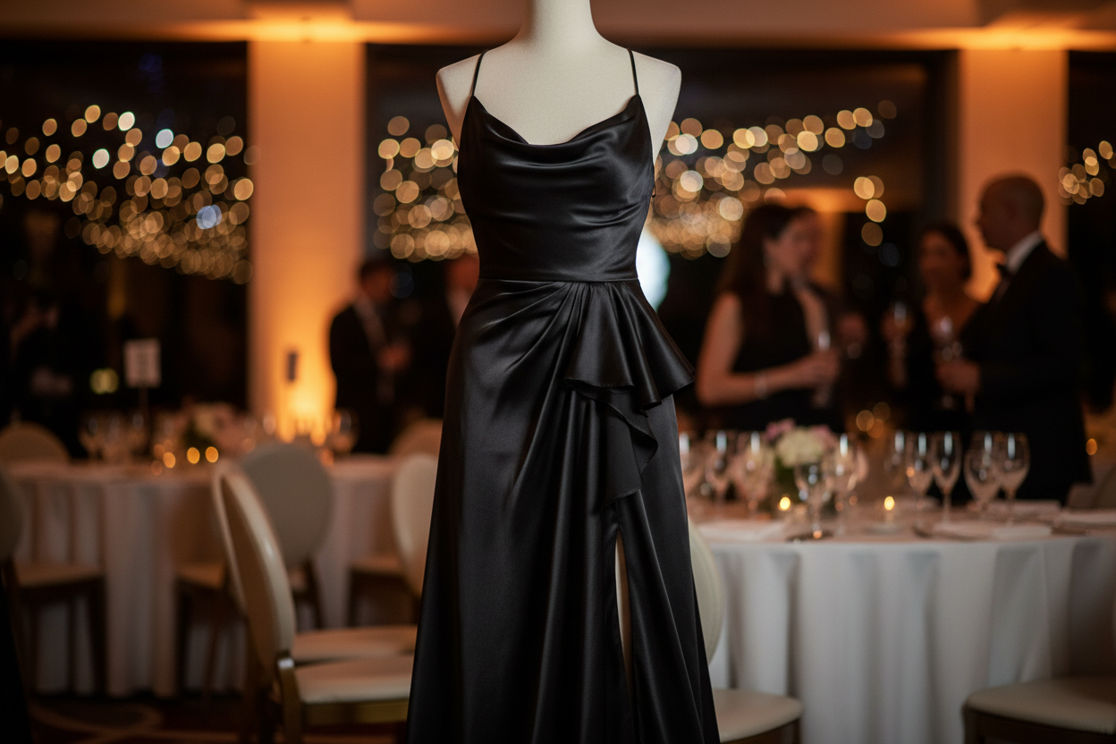 a lovely detailed dress with Silk Georgette Satin Finish Wide- Jet Black in party room background