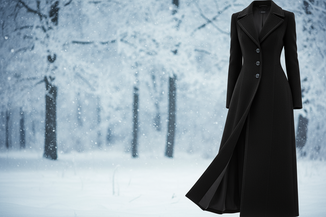 a lovely detailed long jacket with Designer Cashmere Wool - Jet Black in winter look background