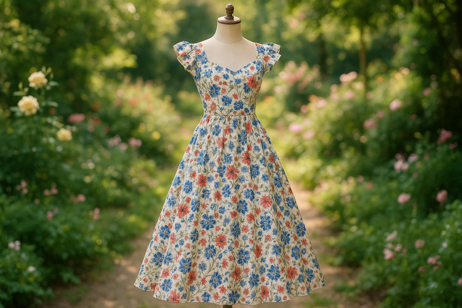 a lovely detailed summer dress in garden background for Floral Print Cotton Sateen - Blue, Red & White