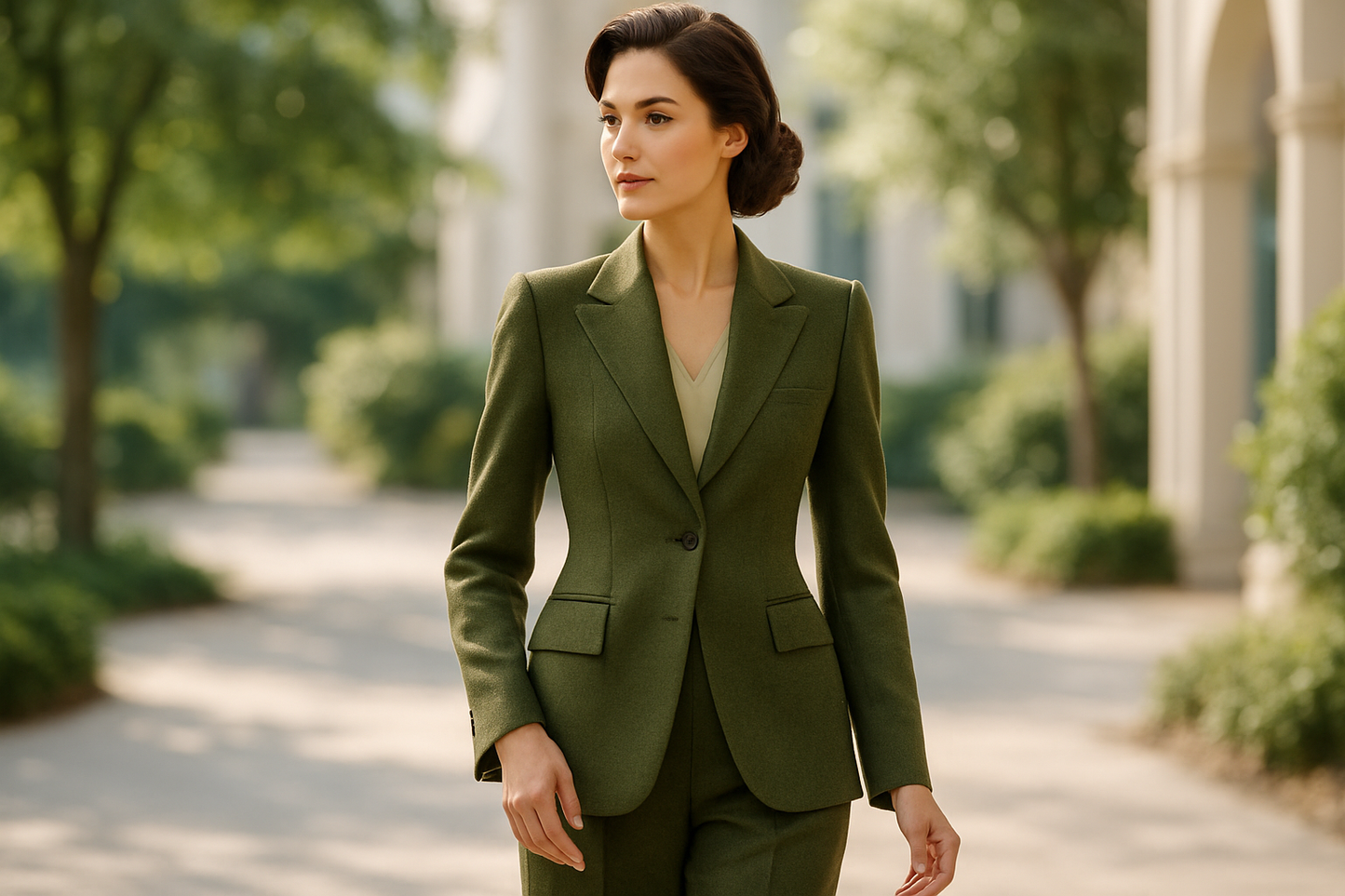 a lovely  detailed Wool Suiting with nice lady wearing - Olive Green in light outdoor 