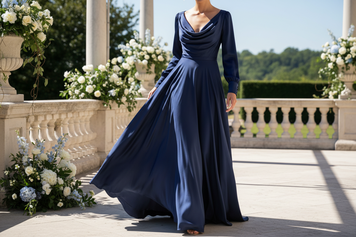 a lovely dress in fancy daytime location with This is a stunning Silk Charmeuse, in an inspiring navy blue! Charmeuse is a luxurious fabric, ideal for any grand event. The delightful color is an impeccable choice for a bridal party. Craft a beautiful top, skirt, or a bias-cut dress to showcase this exquisite material!