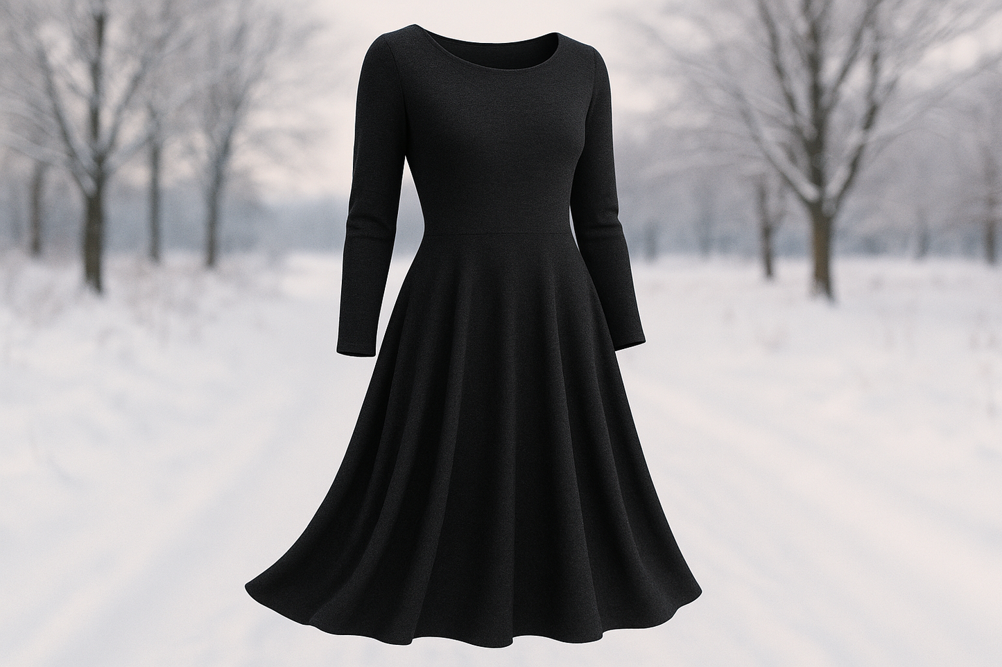 a lovely dress in jet black in winter background for wool jersey This fabric is a customer favorite! Versatile and luxurious Wool Jersey has a fantastic drape and very soft hand. This is a perfect fabric for making dresses, skirts &amp; tops.