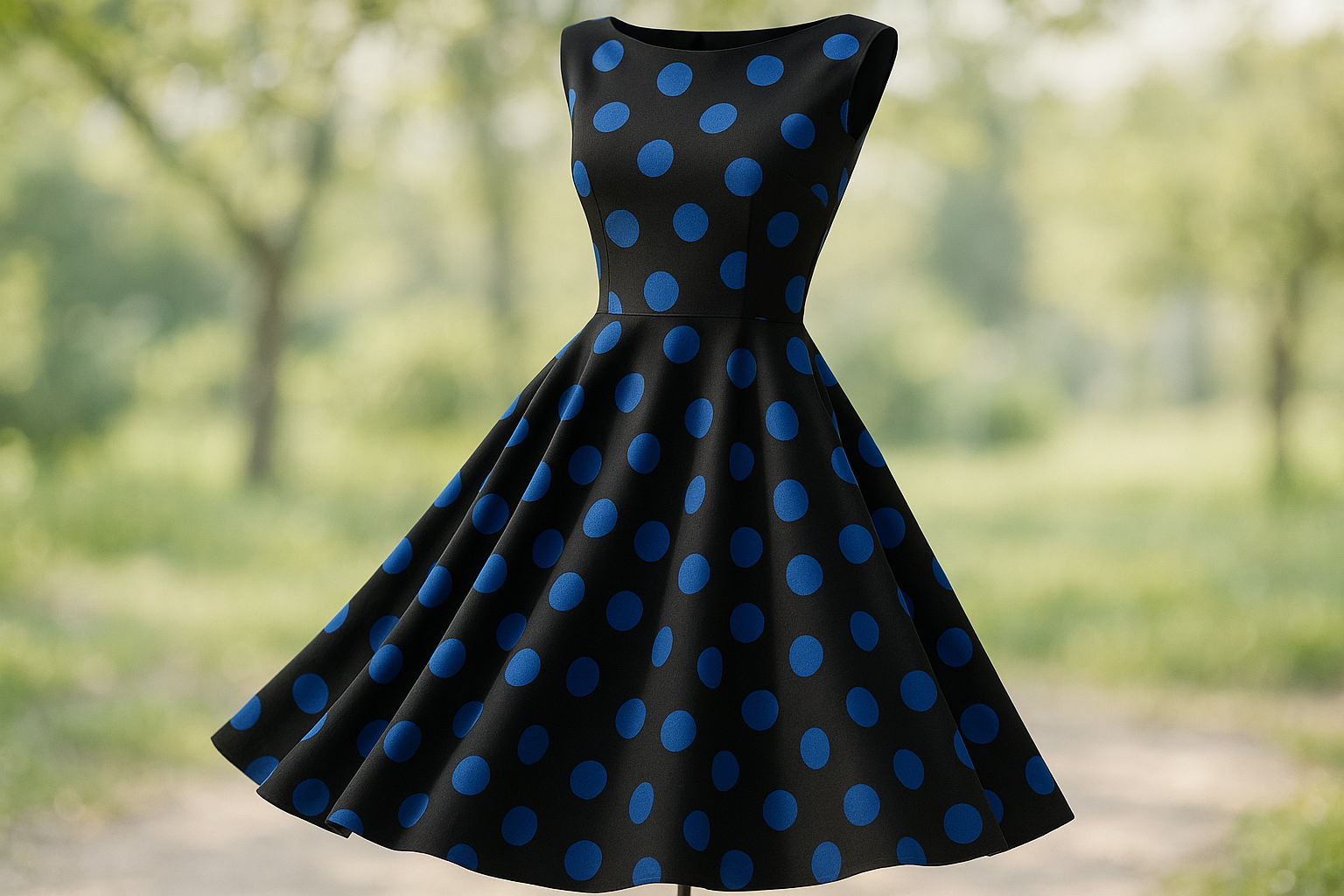 a lovely dress in light oudoor with Imported from Italy this stretch cotton is printed with medium sized polka dots throughout. Vibrant cobalt blue contrasts on a black backdrop to create this eyecatching fabric. Use this fabric for shirts, skirts and more!