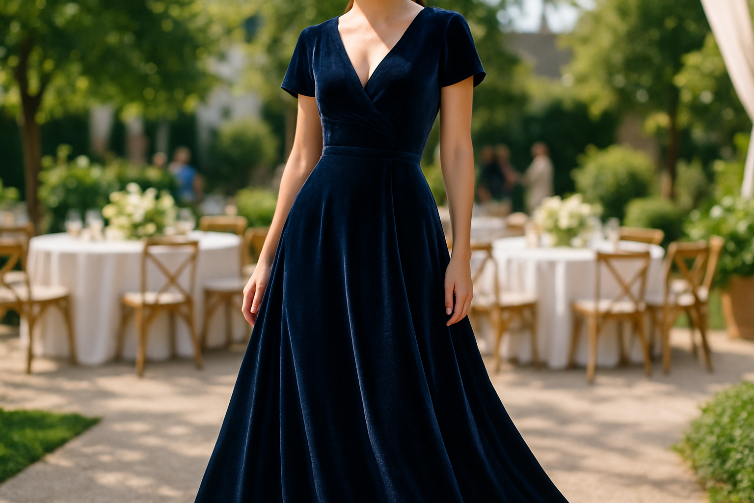 a lovely dress in out door party day time with This is a luxurious Italian silk velvet in a navy blue color. Soft and velvety with beautiful drape and shine. This fabric is old Hollywood glamour, use for dresses, tops, or skirts and gifts for the holiday season!

