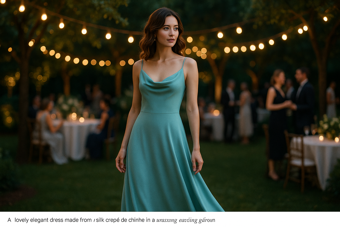 a lovely dress in out door party with This is a silk crepe de chine. This is a designer fabric with a standard 16mm weight. Crepe de Chine is a great fabric for any special occasion. Coming in a relaxing seafoam blue, this fabric is a great choice for eveningwear, shawls and more!