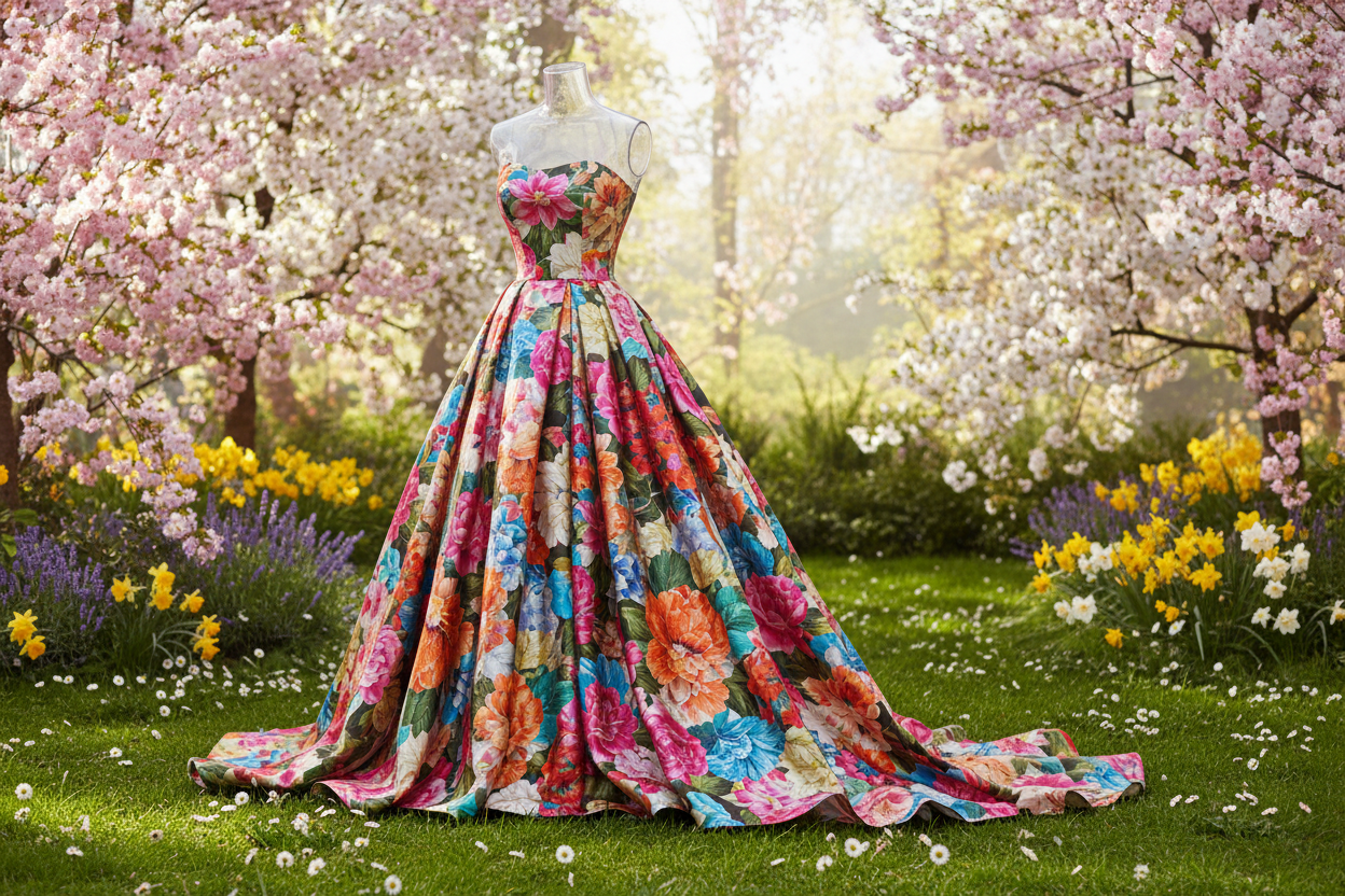 a lovely dress in spring background for Floral Digital Print Cotton Calico Satin Finish - Multicolor