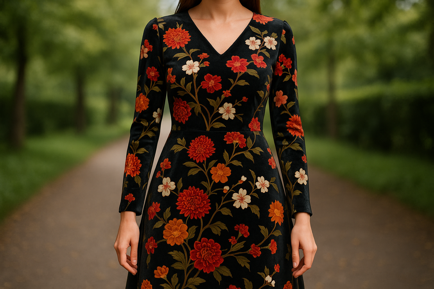a lovely dress out door day time with  This is a luxurious &amp; soft stretch velvet with a Japanese inspired floral print throughout! Adorned with vibrant colors that pop on the matte black backdrop. Ideal for crafting dresses, tops, skirts, pants, and more, it's a fabric that welcomes creativity.
