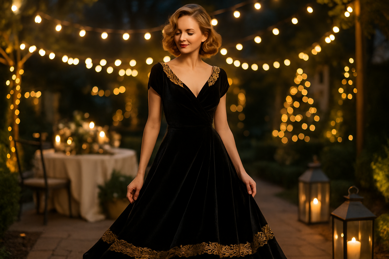 a lovely dress out door party with  A stunning black silk velvet with a gorgeous gold treatment. Soft and velvety with beautiful drape and shine. Recommended use for dresses, tops, or skirts and gifts for the holiday season!

For this fabric we recommend the&nbsp;Marilyn Dress from Vikisews Patterns&nbsp; 
