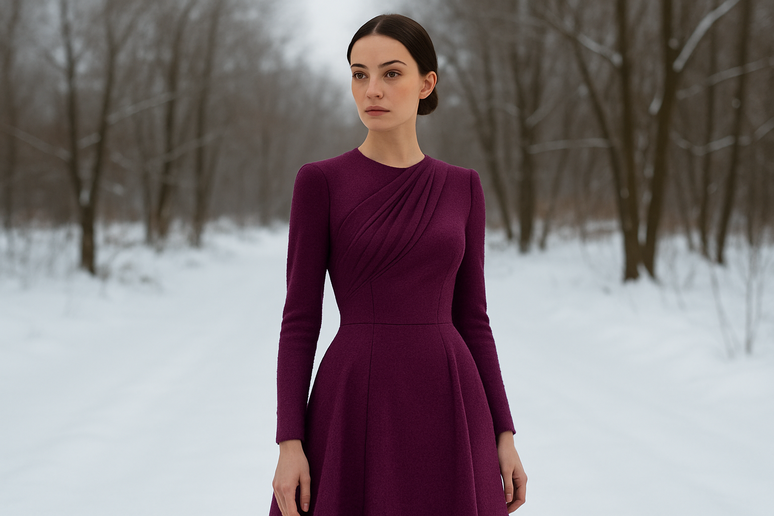 a  lovely dress with detail in winter outdoor for Designer Italian Fine Textured Wool Crepe - Purple Berry  pms #19-2434