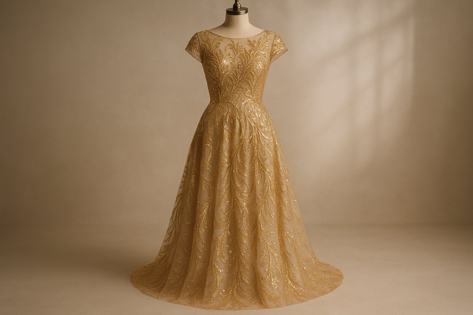 a lovely evening dress with  Embroidered Sequin  Beads Mesh - beige  mesh gold sequence
