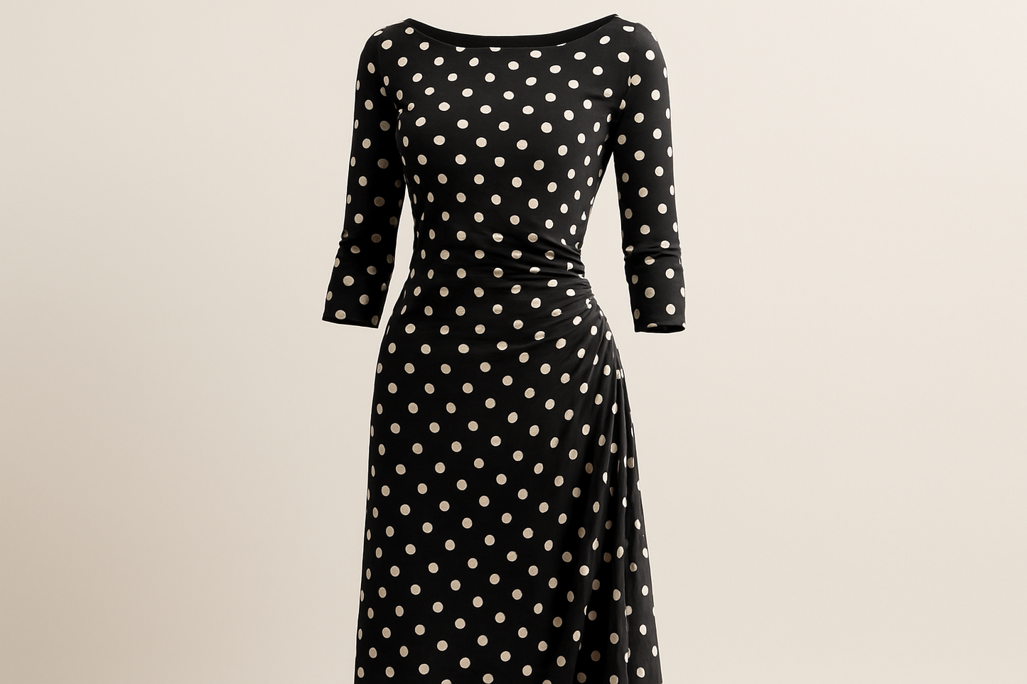 a lovely londress in light bacground with This is a soft &amp; stretchy rayon jersey, printed with a classic black and white polka dot print. This fabric is a great choice for comfy clothes and slinky dresses &amp; form fitting tops! This is a heavier weight rayon jersey and does not require a lining.
