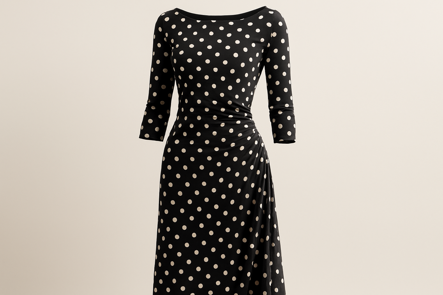 a lovely londress in light bacground with This is a soft &amp; stretchy rayon jersey, printed with a classic black and white polka dot print. This fabric is a great choice for comfy clothes and slinky dresses &amp; form fitting tops! This is a heavier weight rayon jersey and does not require a lining.