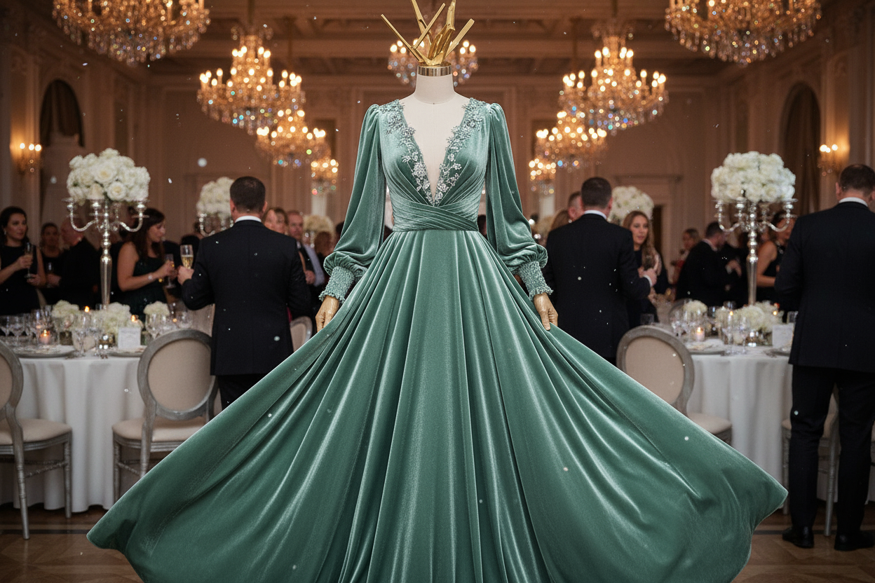 a lovely long detail dress for Italian Silk Velvet - Frosty Green in party room background