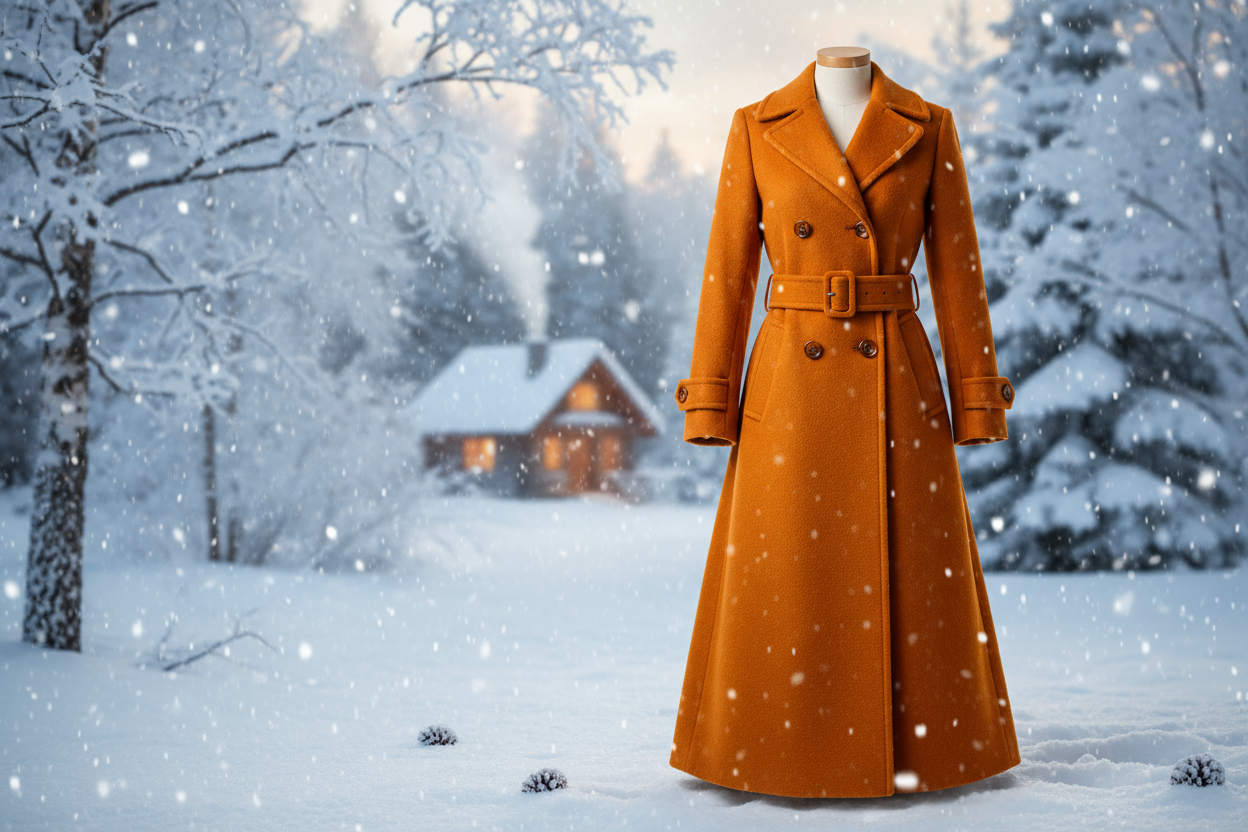 a lovely long detailed coat in winer look background with Melton Wool - Marigold Orange