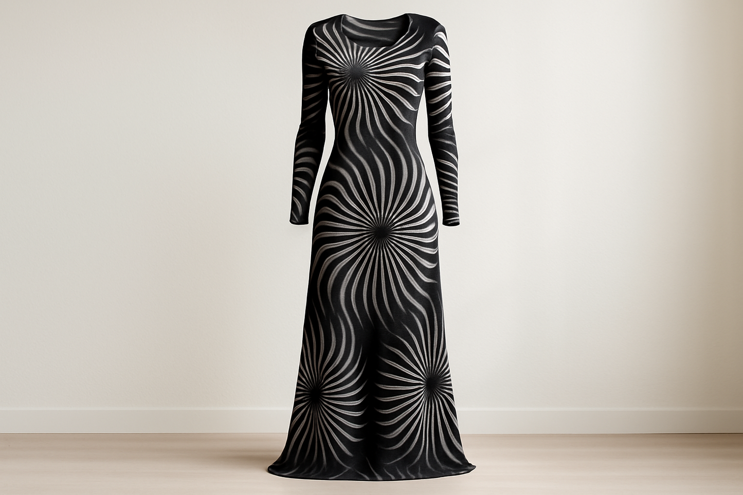 a lovely long dress in light background with This is a soft &amp; stretchy rayon jersey, printed with a black and white sunburst spiral print. This fabric is a great choice for comfy clothes and slinky dresses &amp; form fitting tops! This is a heavier weight rayon jersey and does not require a lining.