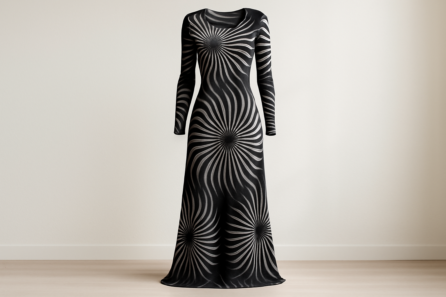 a lovely long dress in light background with This is a soft &amp; stretchy rayon jersey, printed with a black and white sunburst spiral print. This fabric is a great choice for comfy clothes and slinky dresses &amp; form fitting tops! This is a heavier weight rayon jersey and does not require a lining.