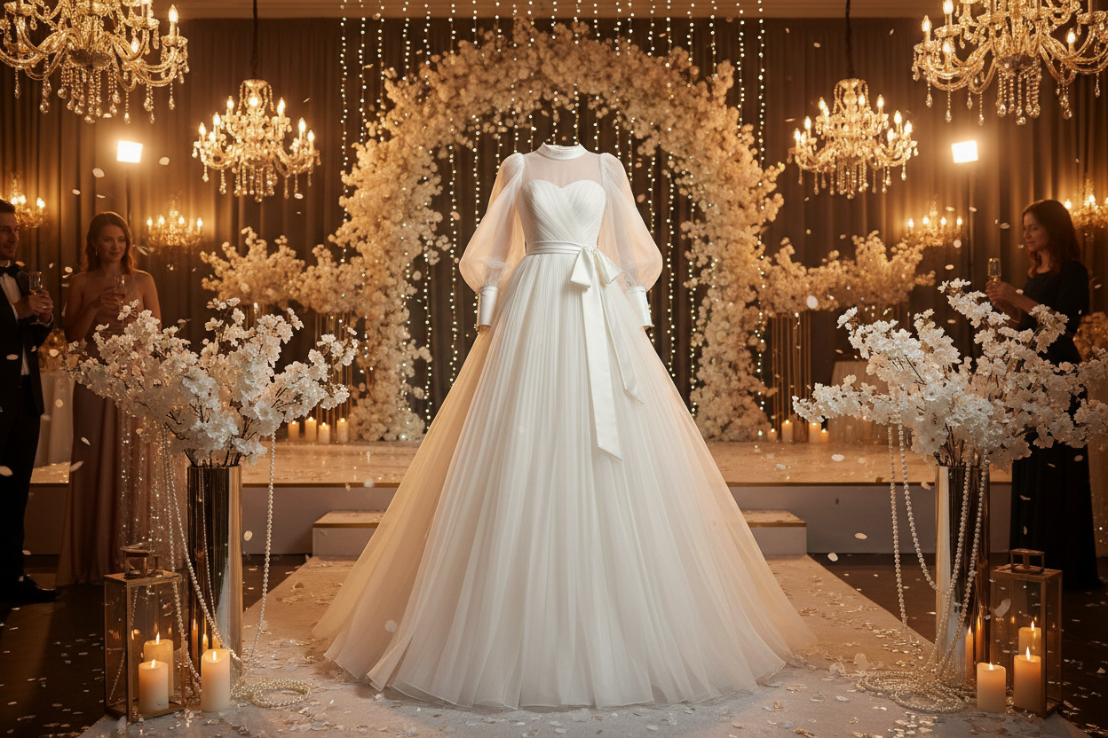 a lovely long dress in party backgrround with off white japanies poly organza