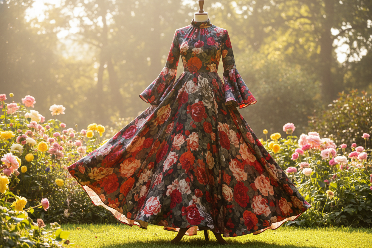 a lovely long dress in summer bacground with Romantic Floral Printed Poly Satin - Red, Black & Orange
