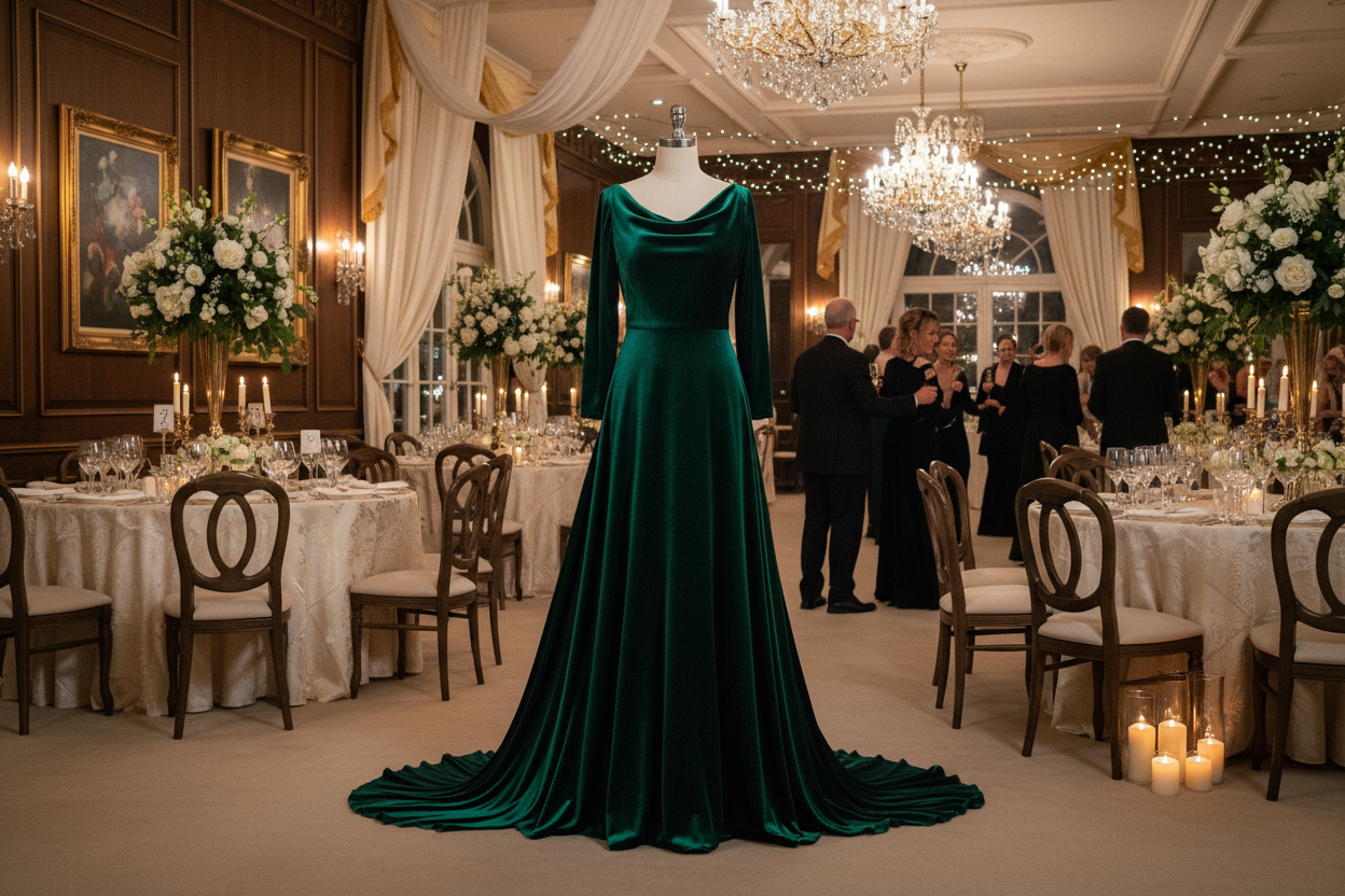 a lovely long dress with Italian Silk Velvet - Emerald Green in party room background