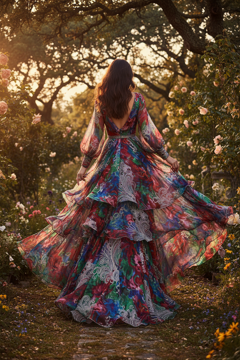 a lovely long   dress with This Italian Silk Chiffon is a is a vibrant mixture of different colors and patterns. Features embroidered silver lurex threads throughout. It is sold by the panel, each panel is 43 in (1 1/4 of a yard). This is a very unique and eye-catching fabric that is great for overlays and coverups! Use this fabric for a dress, blouse or kimono!&nbsp; in out door background