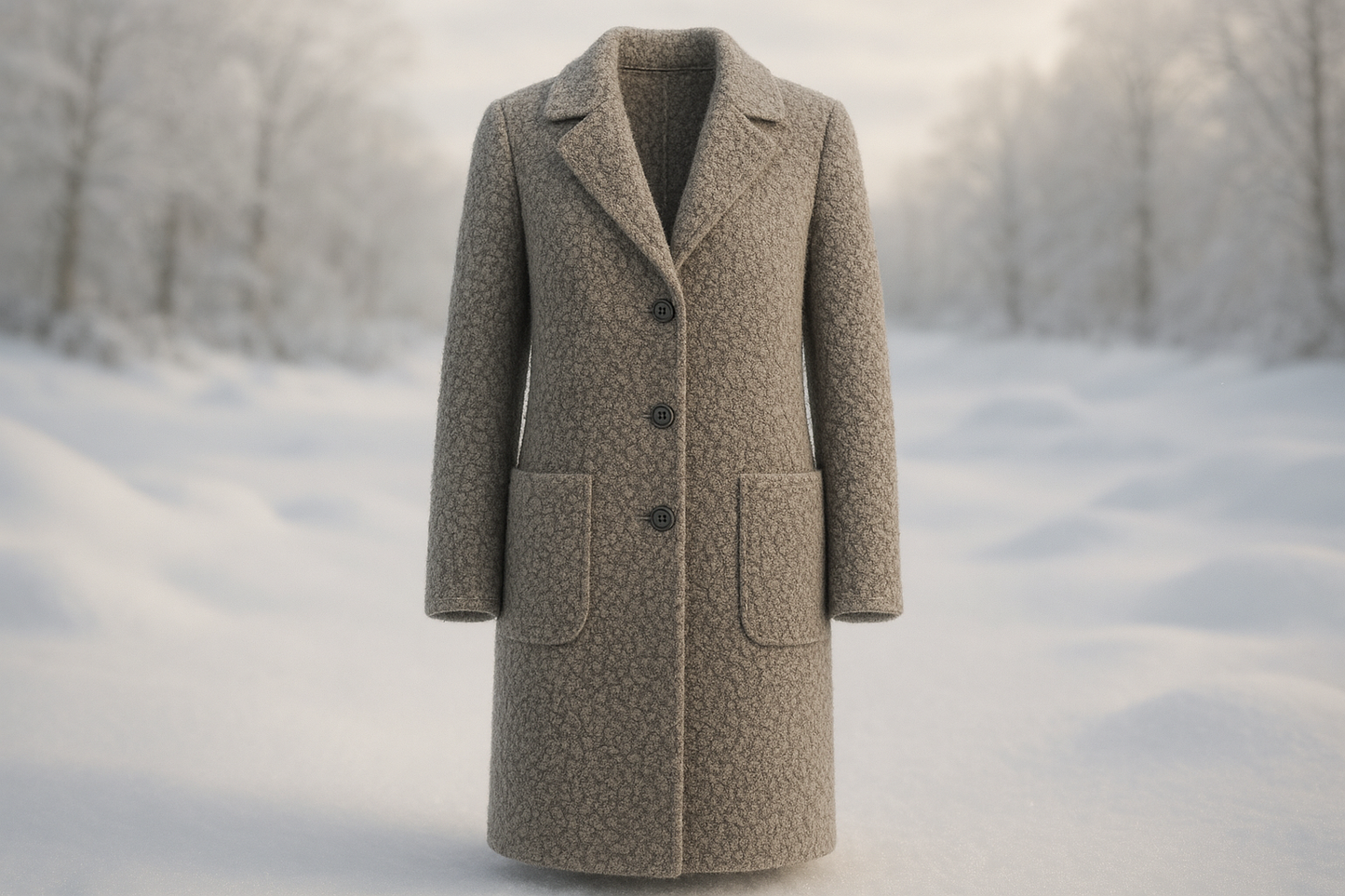 a lovely long jacket in winter background with  Imported from Italy this wool boucle is a unique luxury fabric. Featuring a lovely curly texture throughout in a neutral grey tone. This fabric is a great choice for a winter coat, vest or even upholstery!&nbsp;
