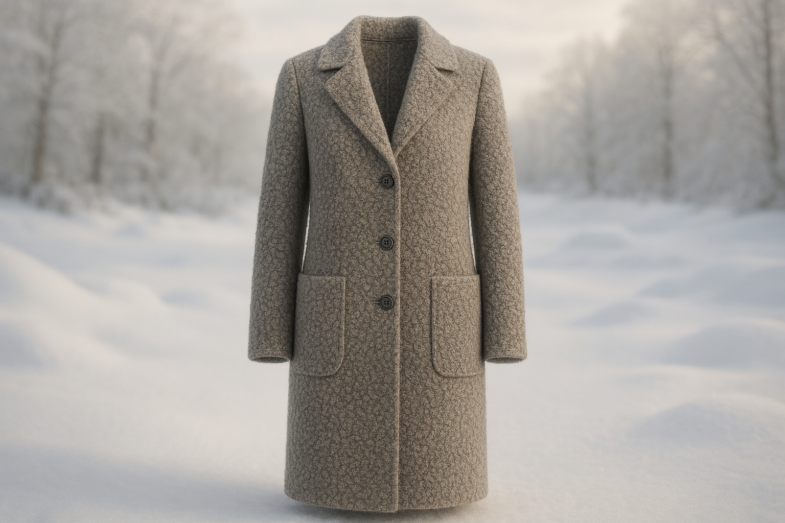 a lovely long jacket in winter background with  Imported from Italy this wool boucle is a unique luxury fabric. Featuring a lovely curly texture throughout in a neutral grey tone. This fabric is a great choice for a winter coat, vest or even upholstery!&nbsp;
